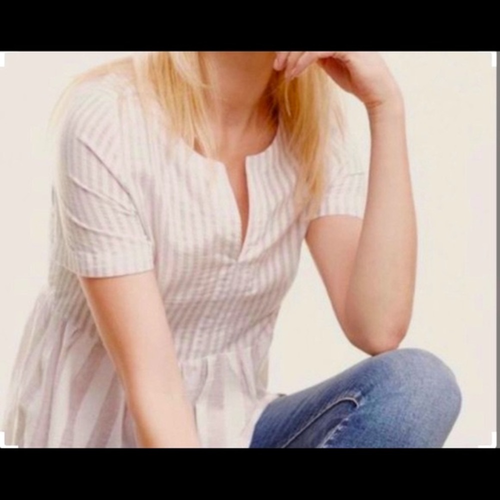 ANTHROPOLOGIE 11-1-Tylho beige white stripes top size large boho linen